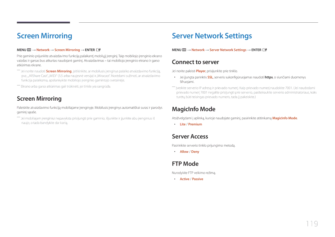 Samsung LH22DBDPTGC/EN manual Screen Mirroring, Server Network Settings, 119 