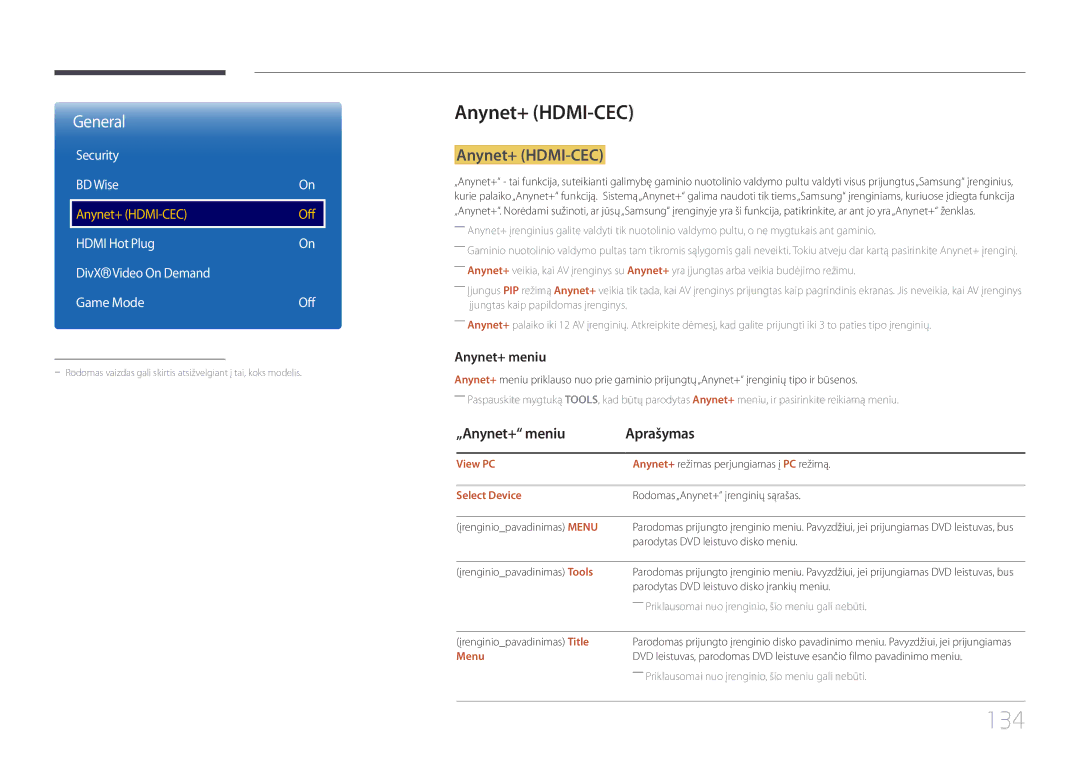 Samsung LH22DBDPTGC/EN manual 134, Anynet+ HDMI-CEC, „Anynet+ meniu Aprašymas, Security BD Wise 