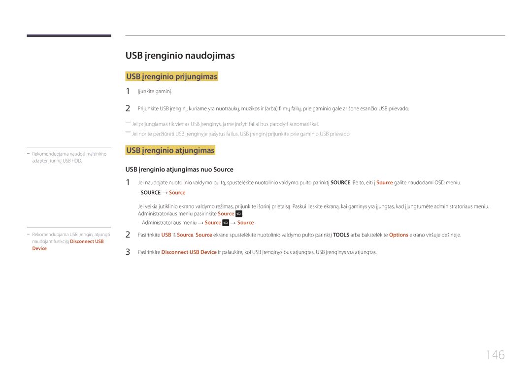 Samsung LH22DBDPTGC/EN manual 146, USB įrenginio naudojimas, USB įrenginio prijungimas, USB įrenginio atjungimas, → Source 