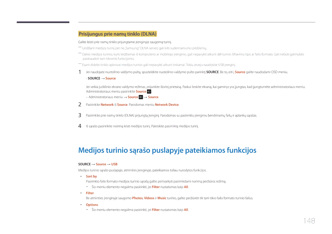 Samsung LH22DBDPTGC/EN Medijos turinio sąrašo puslapyje pateikiamos funkcijos, 148, Prisijungus prie namų tinklo Dlna 