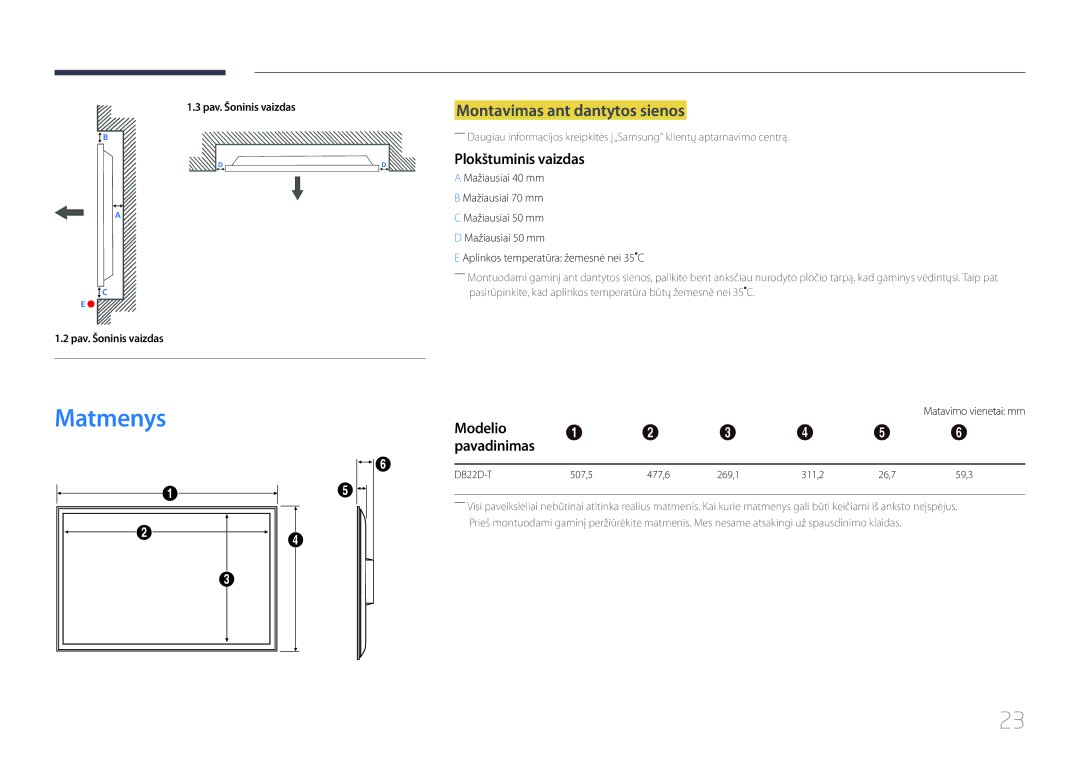 Samsung LH22DBDPTGC/EN manual Matmenys, Montavimas ant dantytos sienos, Plokštuminis vaizdas, Modelio Pavadinimas 