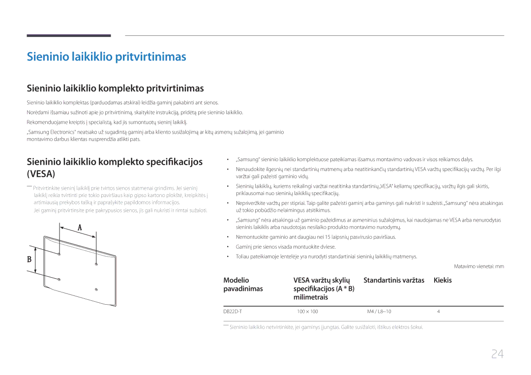 Samsung LH22DBDPTGC/EN manual Sieninio laikiklio pritvirtinimas, Sieninio laikiklio komplekto pritvirtinimas, Milimetrais 