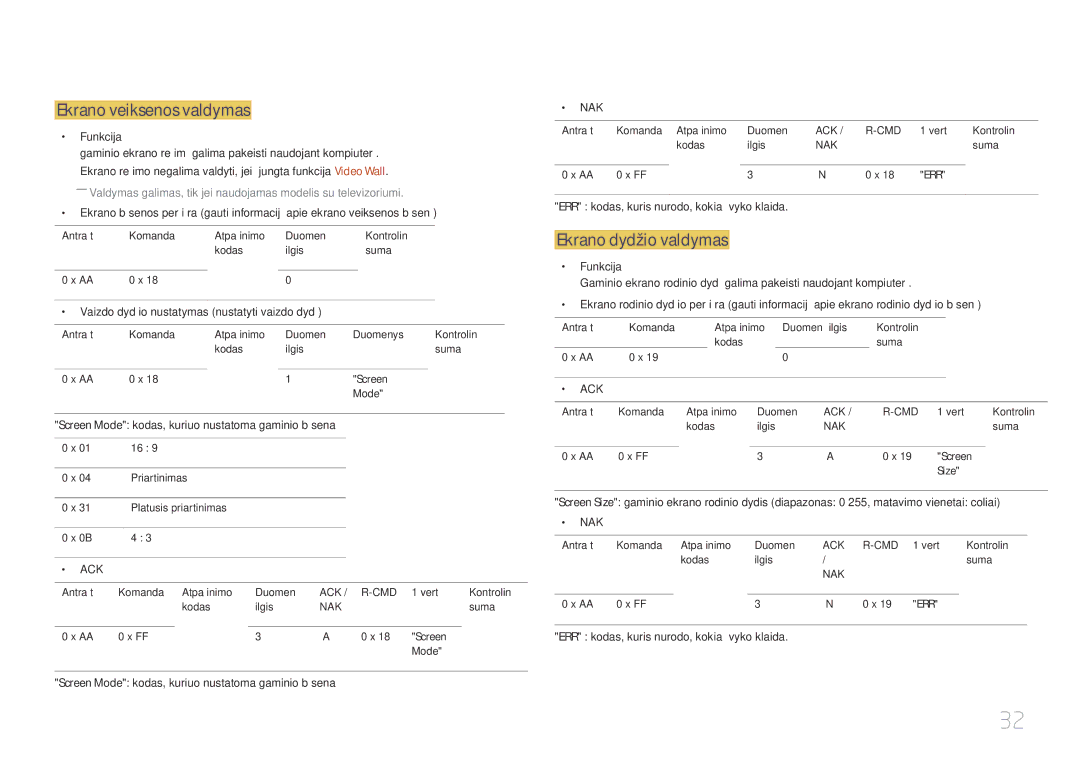 Samsung LH22DBDPTGC/EN manual Ekrano veiksenos valdymas, Ekrano dydžio valdymas, Funkcija 