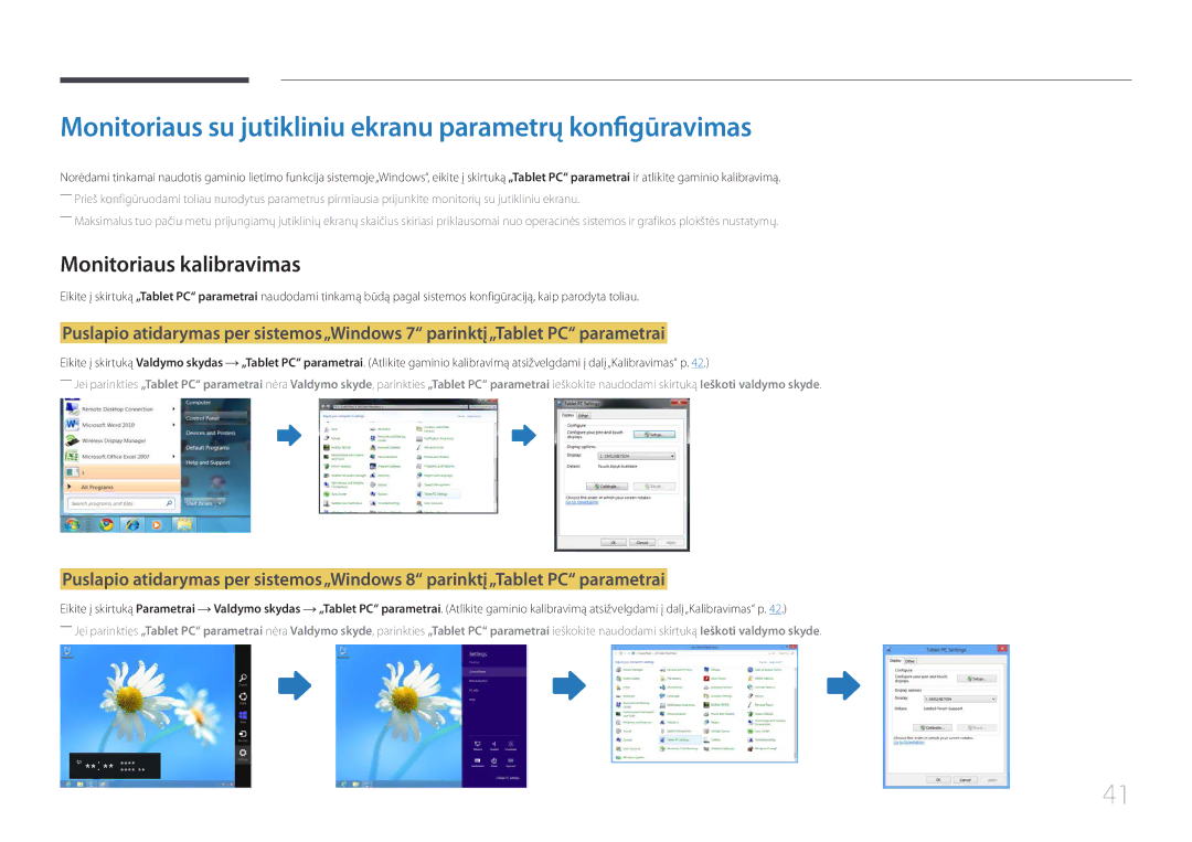 Samsung LH22DBDPTGC/EN manual Monitoriaus su jutikliniu ekranu parametrų konfigūravimas, Monitoriaus kalibravimas 