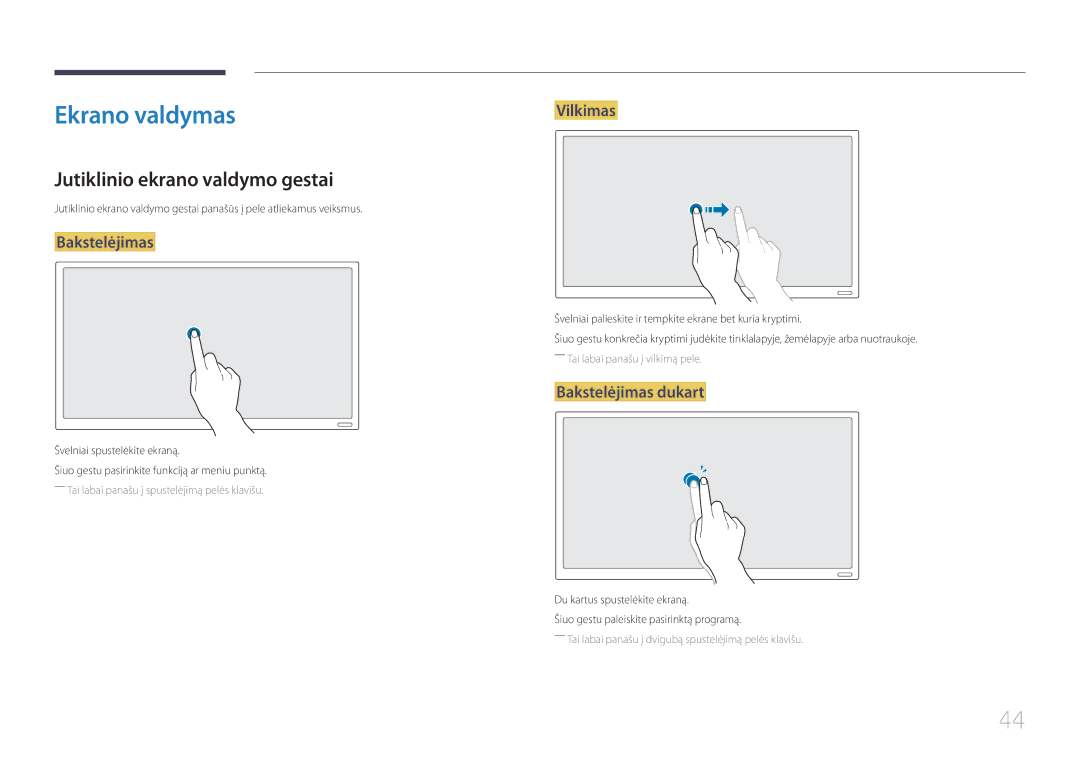 Samsung LH22DBDPTGC/EN manual Ekrano valdymas, Jutiklinio ekrano valdymo gestai, Vilkimas, Bakstelėjimas dukart 