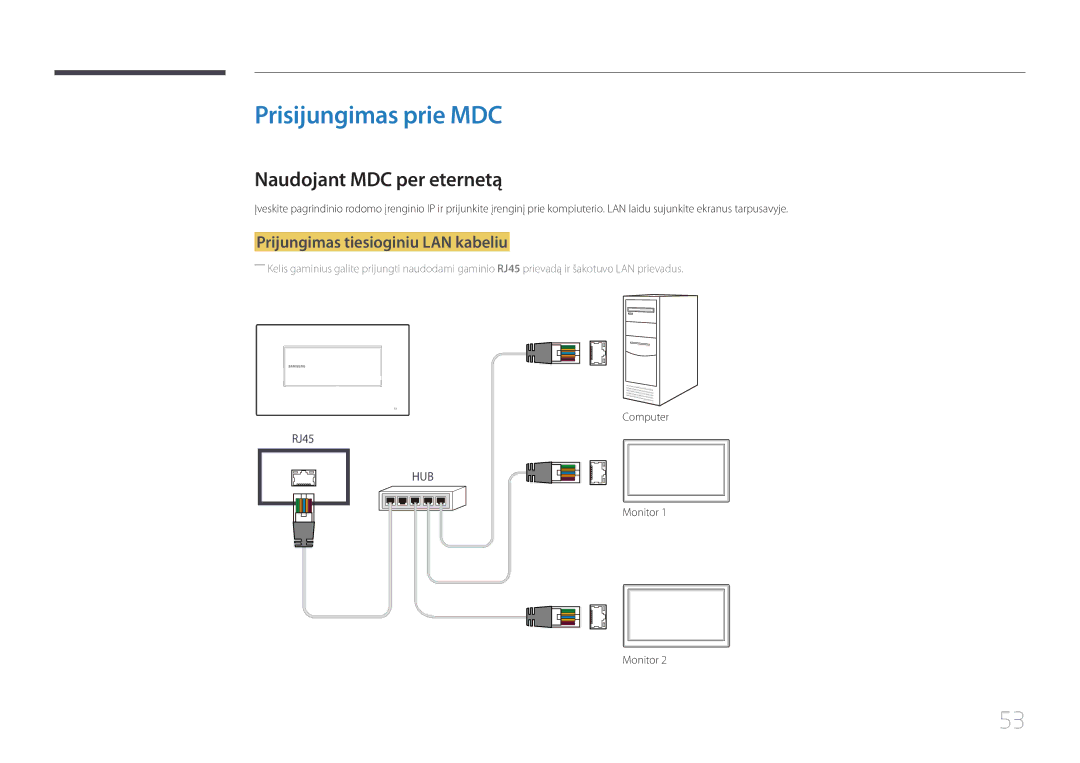 Samsung LH22DBDPTGC/EN Prisijungimas prie MDC, Naudojant MDC per eternetą, Prijungimas tiesioginiu LAN kabeliu, Computer 