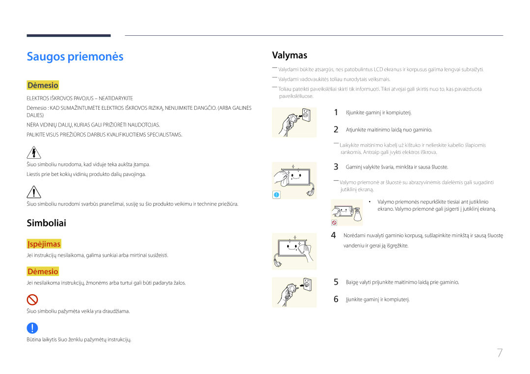 Samsung LH22DBDPTGC/EN manual Saugos priemonės, Simboliai, Valymas, Dėmesio 