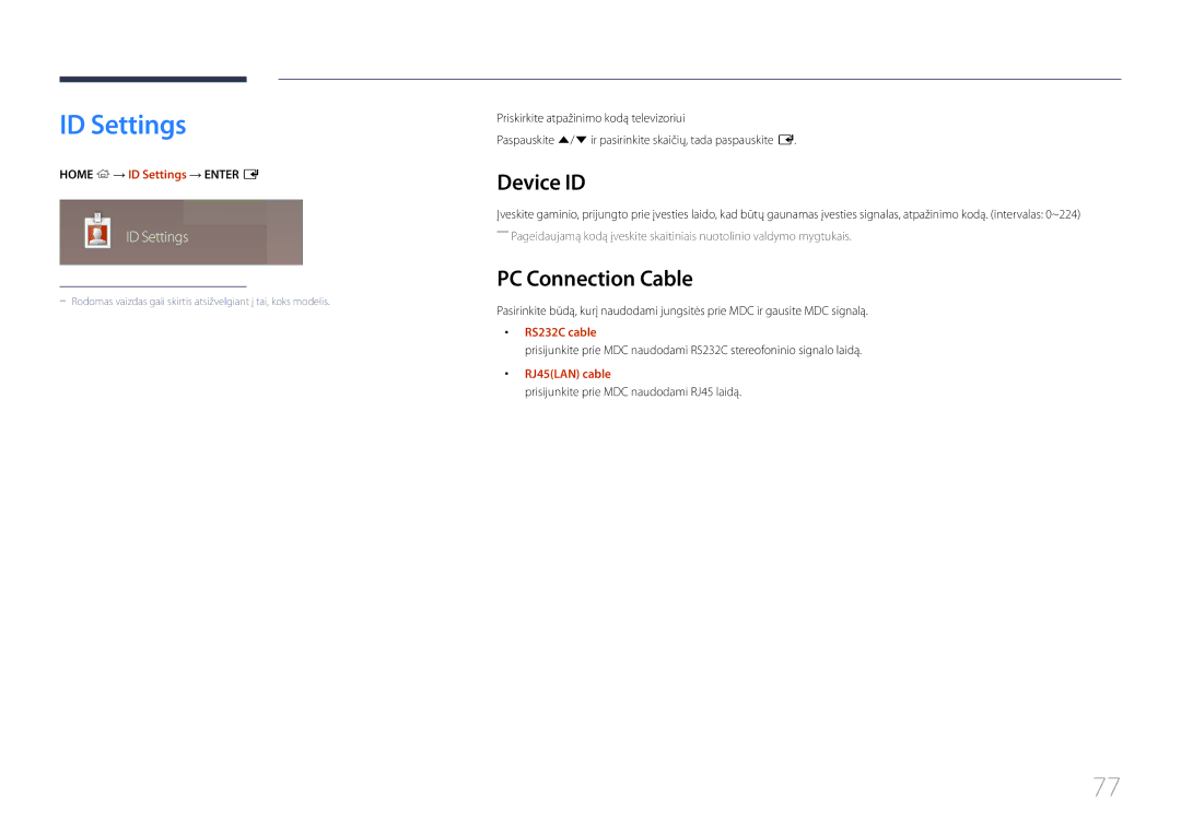 Samsung LH22DBDPTGC/EN manual ID Settings, Device ID, PC Connection Cable 