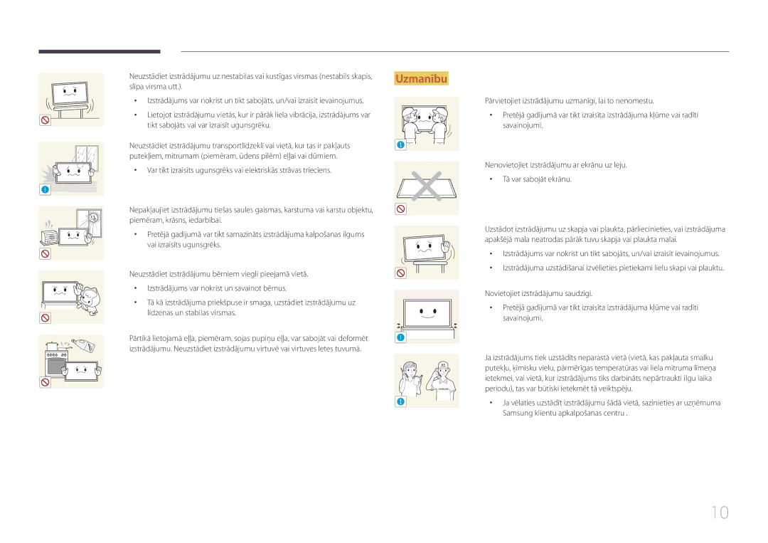 Samsung LH22DBDPTGC/EN manual Slīpa virsma utt, Tikt sabojāts vai var izraisīt ugunsgrēku, Piemēram, krāsns, iedarbībai 