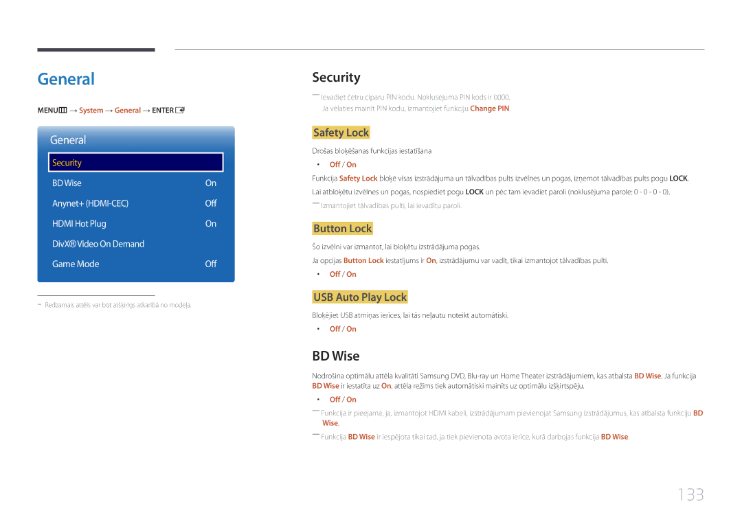 Samsung LH22DBDPTGC/EN manual General, 133, Security, BD Wise 