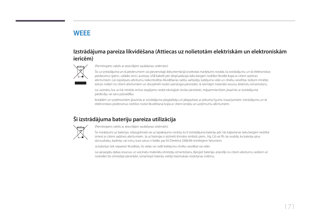 Samsung LH22DBDPTGC/EN manual 171, Šī izstrādājuma bateriju pareiza utilizācija 