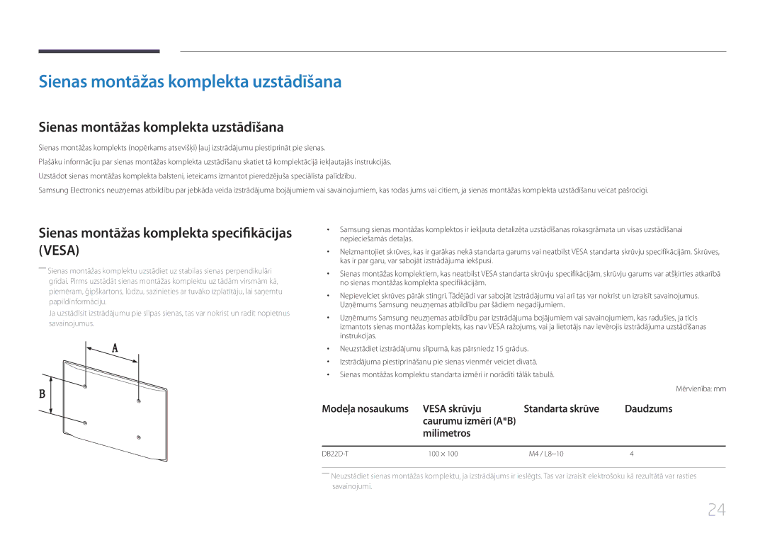 Samsung LH22DBDPTGC/EN Sienas montāžas komplekta uzstādīšana, Sienas montāžas komplekta specifikācijas Vesa, Milimetros 