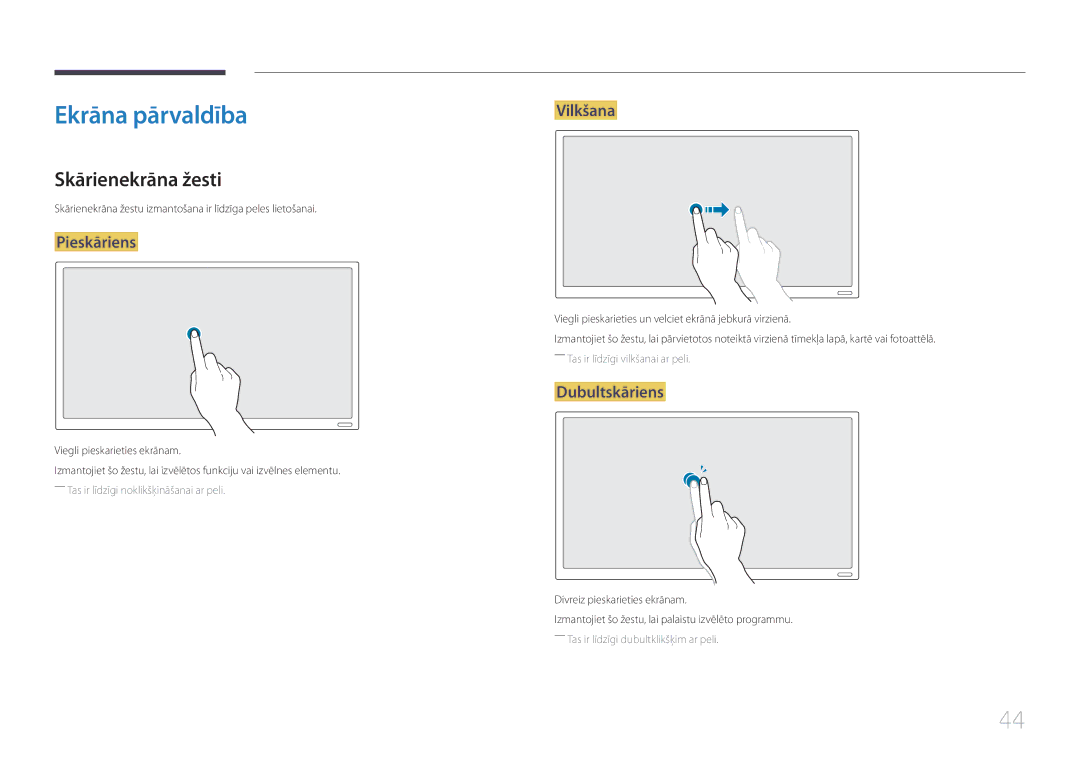 Samsung LH22DBDPTGC/EN manual Ekrāna pārvaldība, Skārienekrāna žesti, Pieskāriens, Vilkšana, Dubultskāriens 