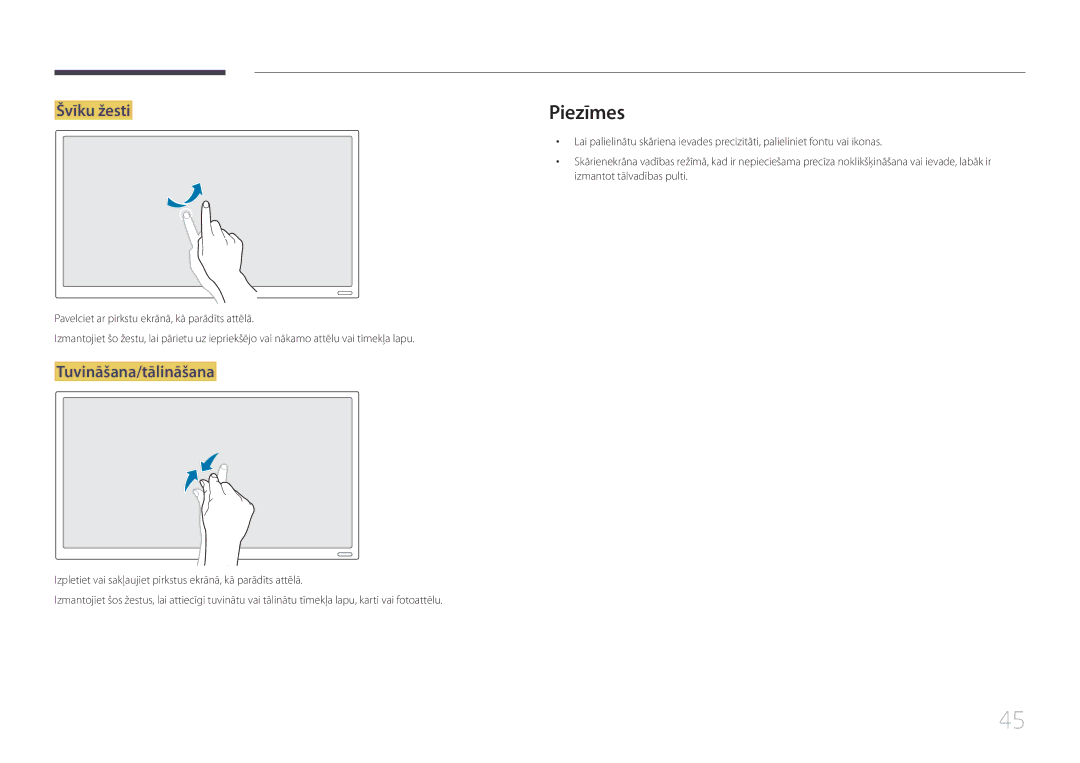 Samsung LH22DBDPTGC/EN manual Piezīmes, Švīku žesti, Tuvināšana/tālināšana 