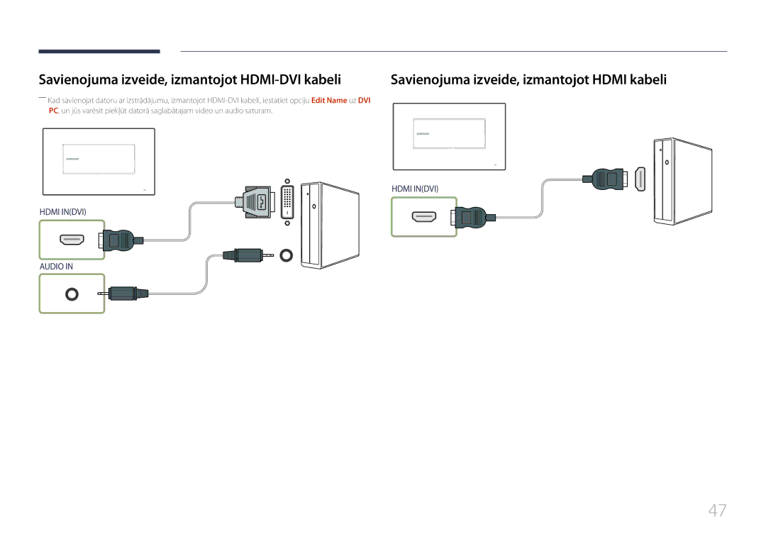 Samsung LH22DBDPTGC/EN manual Savienojuma izveide, izmantojot HDMI-DVI kabeli, Savienojuma izveide, izmantojot Hdmi kabeli 