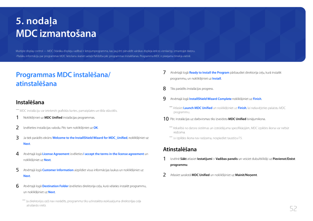 Samsung LH22DBDPTGC/EN manual MDC izmantošana, Programmas MDC instalēšana/ atinstalēšana, Atinstalēšana, Programmu 