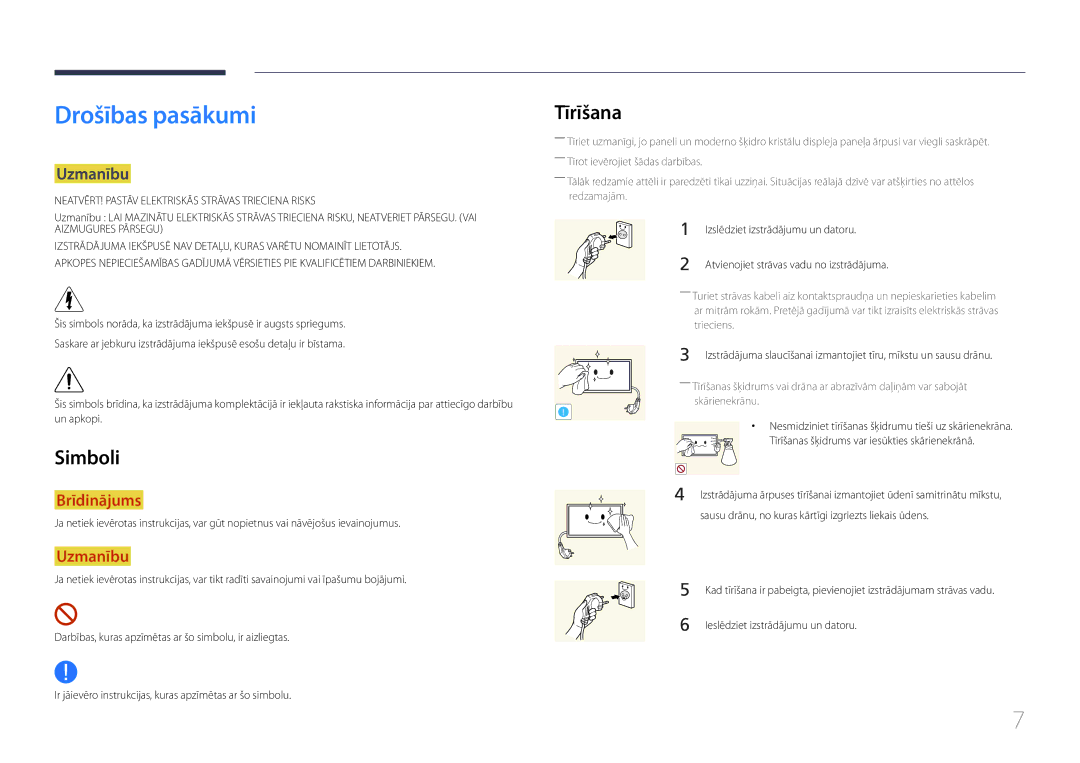 Samsung LH22DBDPTGC/EN manual Drošības pasākumi, Simboli, Tīrīšana, Uzmanību 