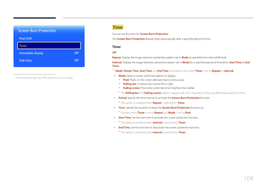 Samsung LH22DBDPTGC/NG, LH22DBDPTGC/XY manual 104, Screen Burn Protection, Timer 