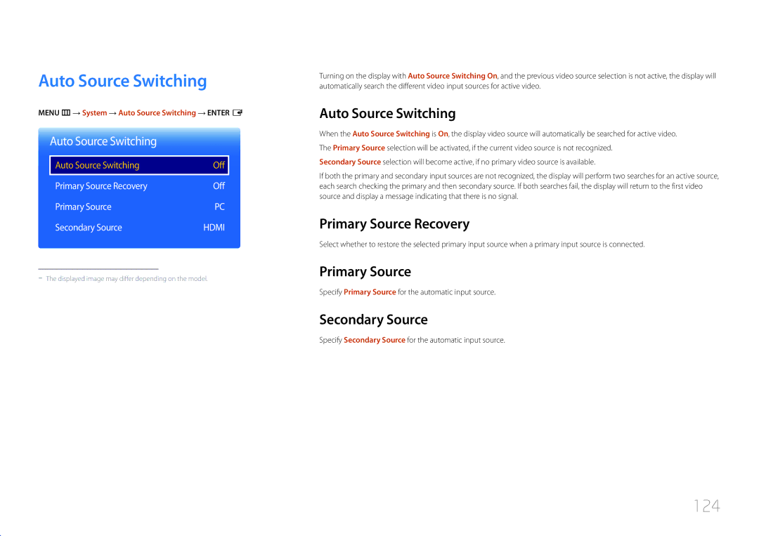 Samsung LH22DBDPTGC/NG, LH22DBDPTGC/XY manual Auto Source Switching, 124 