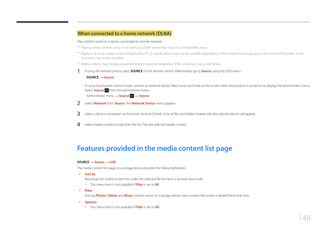 Samsung LH22DBDPTGC/NG Features provided in the media content list, 148, When connected to a home network Dlna, Filter 