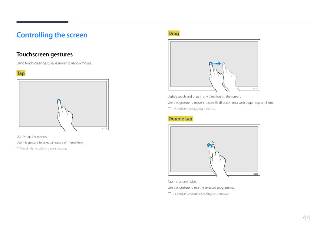 Samsung LH22DBDPTGC/NG, LH22DBDPTGC/XY manual Controlling the screen, Touchscreen gestures, Tap, Drag, Double tap 