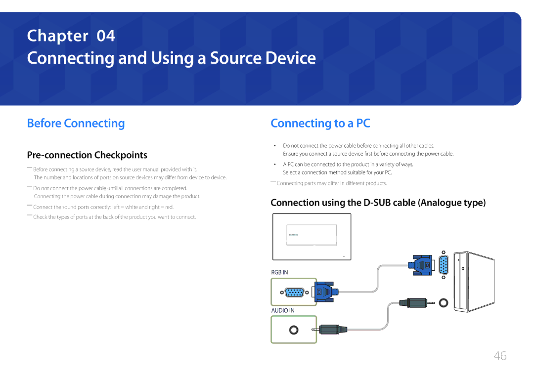 Samsung LH22DBDPTGC/NG, LH22DBDPTGC/XY manual Connecting and Using a Source Device, Before Connecting, Connecting to a PC 