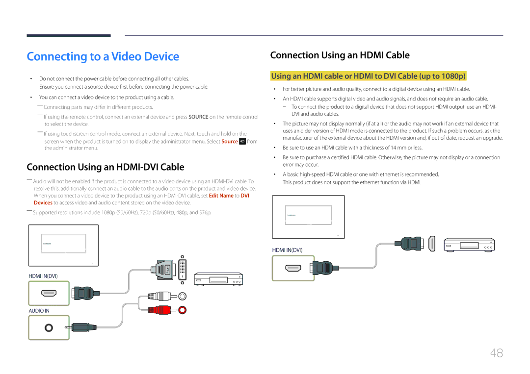 Samsung LH22DBDPTGC/NG, LH22DBDPTGC/XY manual Connecting to a Video Device, Connection Using an Hdmi Cable 