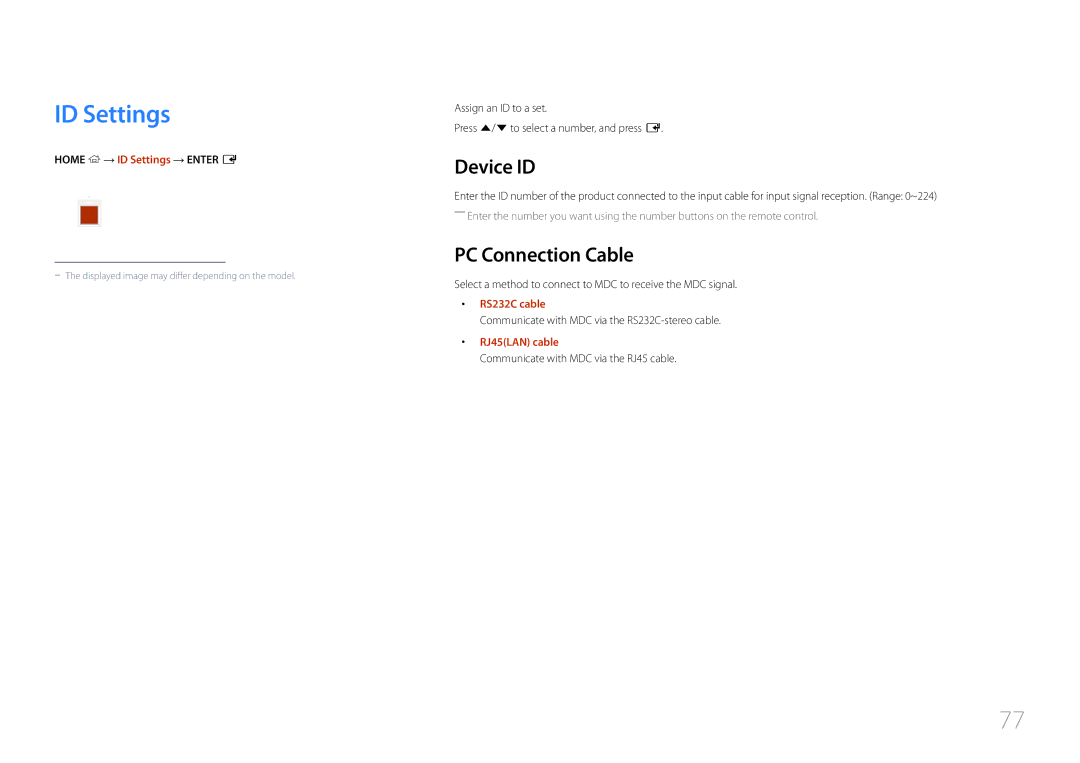 Samsung LH22DBDPTGC/XY, LH22DBDPTGC/NG manual ID Settings, Device ID, PC Connection Cable 