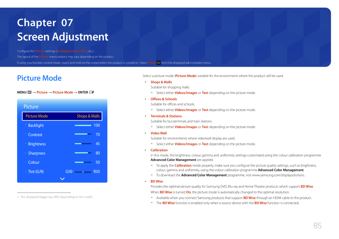 Samsung LH22DBDPTGC/XY, LH22DBDPTGC/NG manual Screen Adjustment, Menu m → Picture → Picture Mode → Enter E 