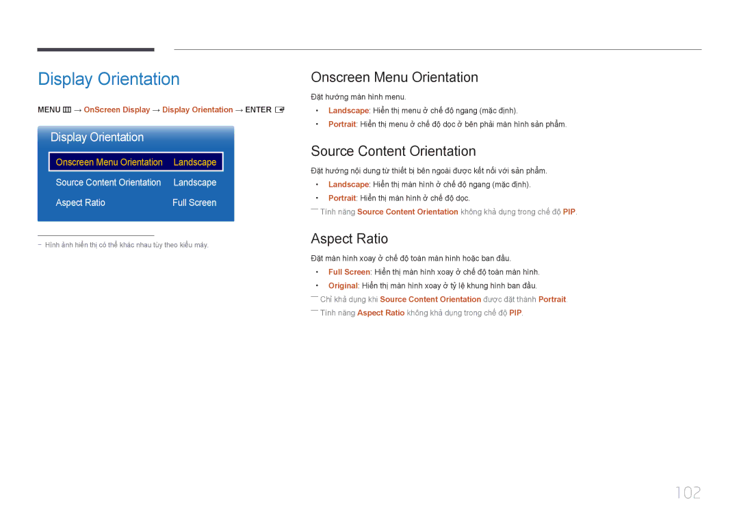 Samsung LH22DBDPTGC/XY manual Display Orientation, 102, Onscreen Menu Orientation, Source Content Orientation, Aspect Ratio 