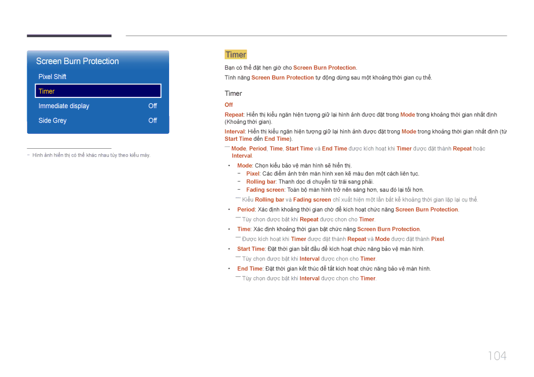 Samsung LH22DBDPTGC/XY manual 104, Screen Burn Protection, Timer 