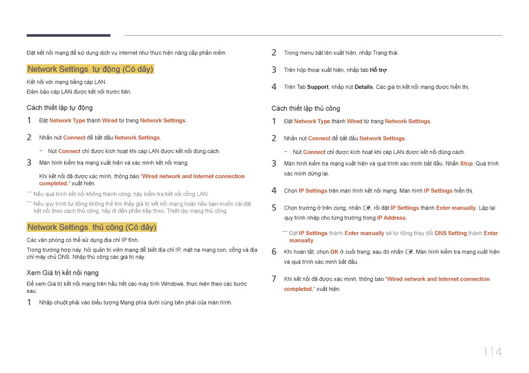 Samsung LH22DBDPTGC/XY manual 114, Network Settings tự̣ độ̣ng Có́ dây, Network Settings thủ̉ công Có́ dây, Manually 