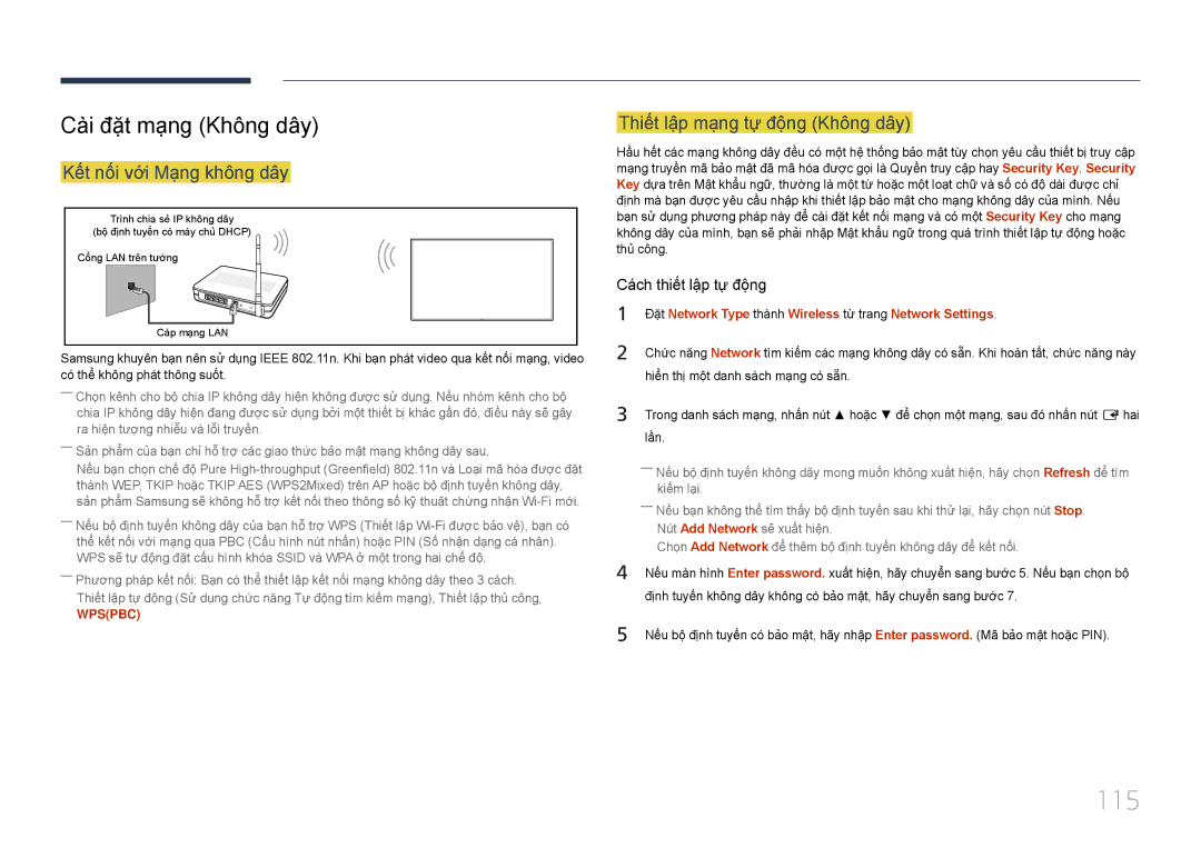 Samsung LH22DBDPTGC/XY manual 115, Cà̀i đặ̣t mạ̣ng Không dây, Thiế́t lậ̣p mạ̣ng tự̣ độ̣ng Không dây 