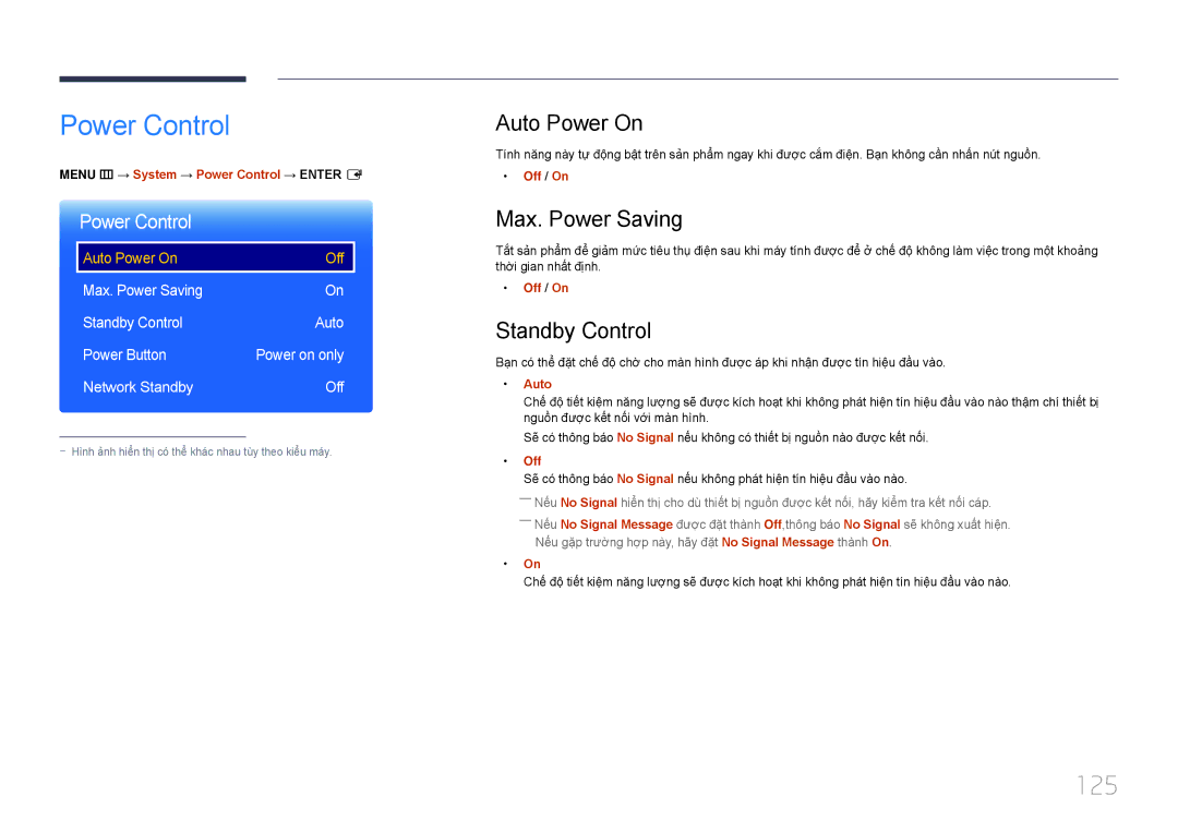 Samsung LH22DBDPTGC/XY manual Power Control, 125, Auto Power On, Max. Power Saving, Standby Control 