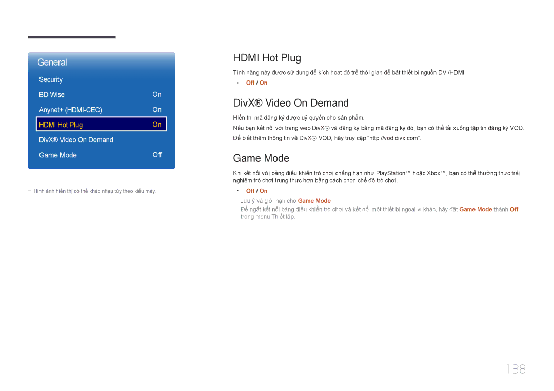 Samsung LH22DBDPTGC/XY manual 138, Hdmi Hot Plug, DivX Video On Demand, Game Mode 