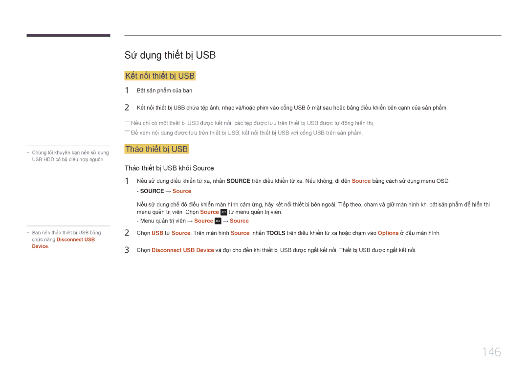 Samsung LH22DBDPTGC/XY manual 146, Sư dung thiết bi USB, Kết nối thiết bi USB, Tháo thiết bi USB, → Source 