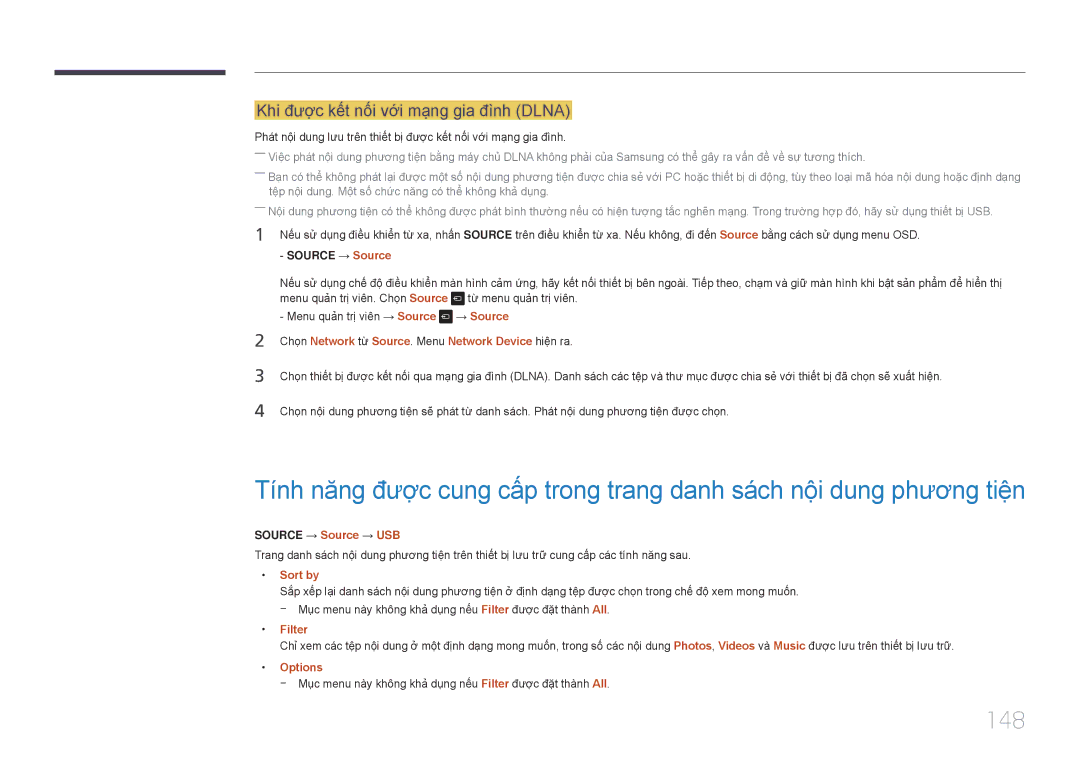 Samsung LH22DBDPTGC/XY manual 148, Khi được kết nối vơi mạng gia đình Dlna, Source → Source → USB, Filter 