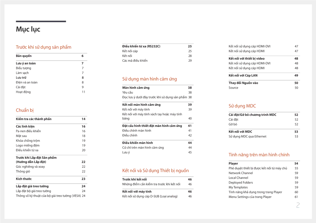 Samsung LH22DBDPTGC/XY manual Mục lục 