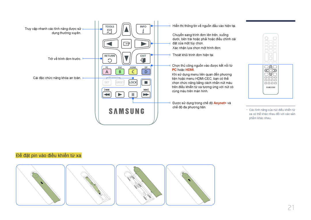 Samsung LH22DBDPTGC/XY manual Để̉ đặ̣t pin và̀o điề̀u khiể̉n từ xa, Dụng thường xuyên Trở̉ về̀ trình đơn trước 