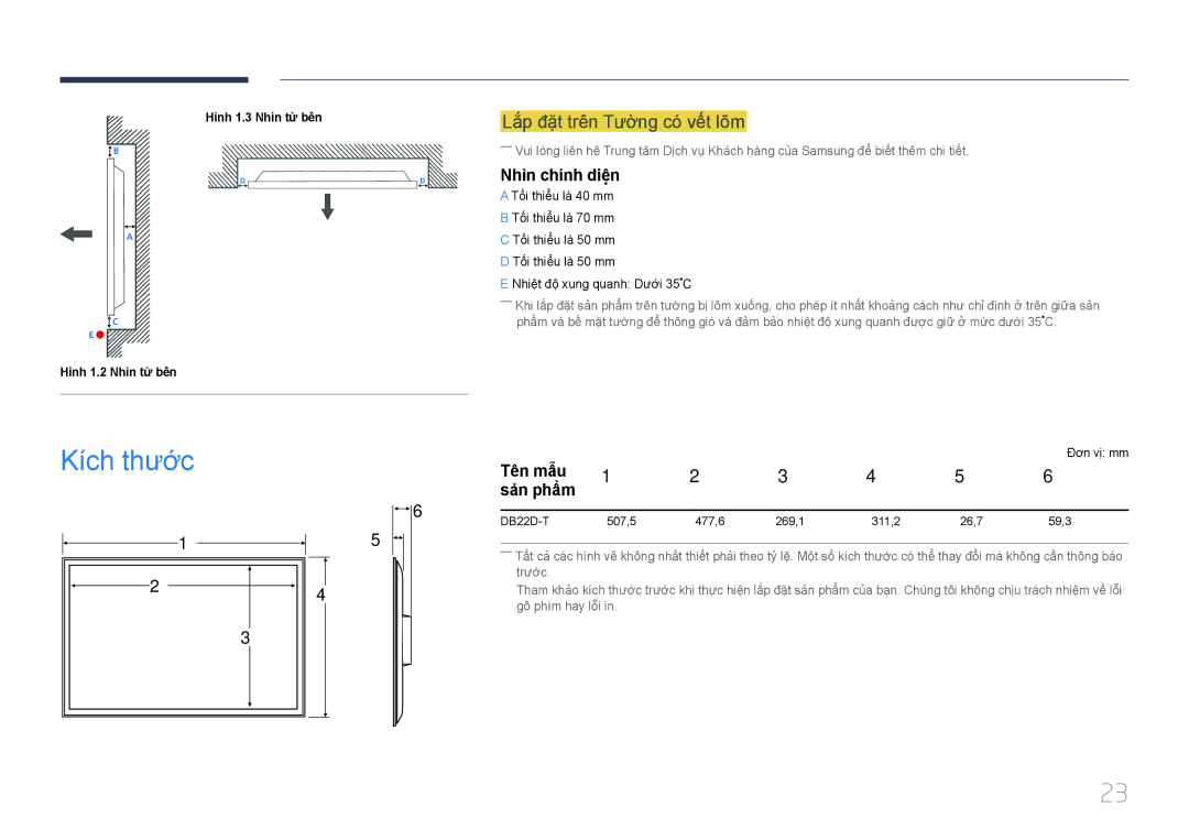 Samsung LH22DBDPTGC/XY manual Kích thươc, Lắ́p đặ̣t trên Tường có́ vế́t lõm, Nhìn chính diện, Tên mẫu, Sản phẩm 