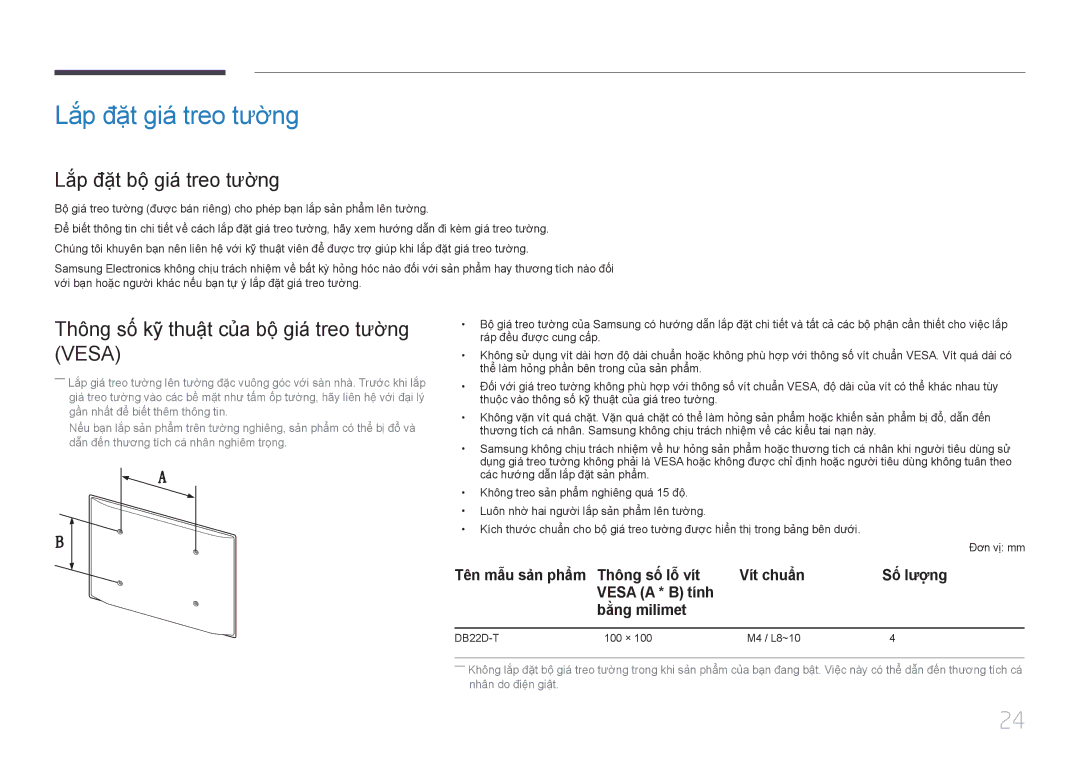 Samsung LH22DBDPTGC/XY manual Lắp đặt giá treo tương, Lắp đặt bộ giá treo tương 