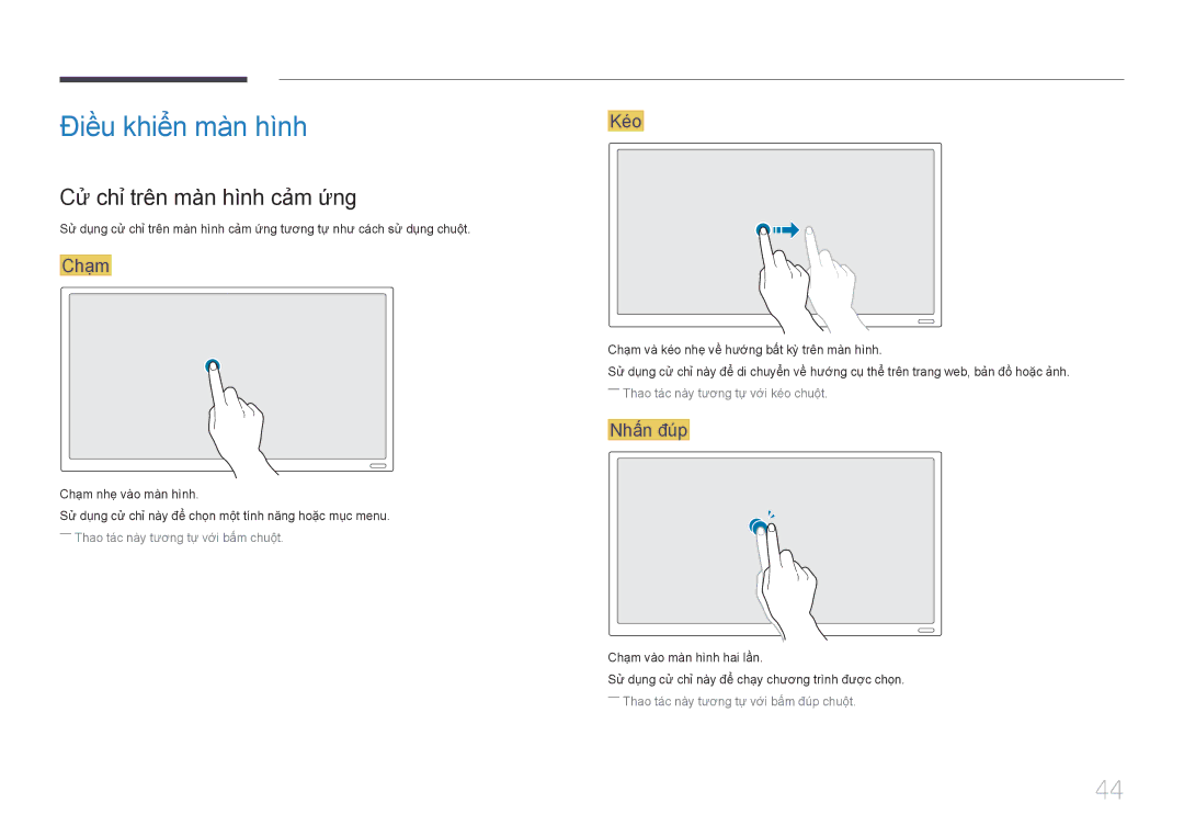 Samsung LH22DBDPTGC/XY manual Điề̀u khiể̉n mà̀n hì̀nh, Cử chỉ̉ trên mà̀n hì̀nh cả̉m ứ́ng, Chạ̣m, Ké́o, Nhấ́n đú́p 