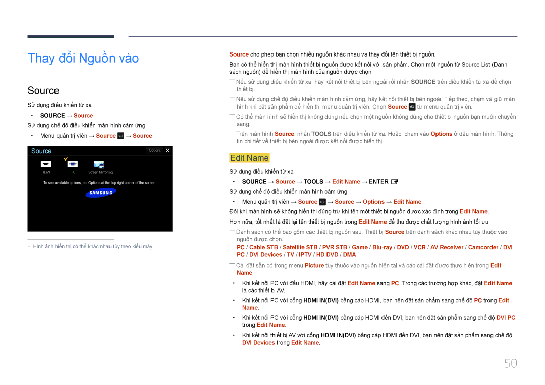 Samsung LH22DBDPTGC/XY manual Thay đôi Nguồn vào, Source → Source → Tools → Edit Name → Enter E 
