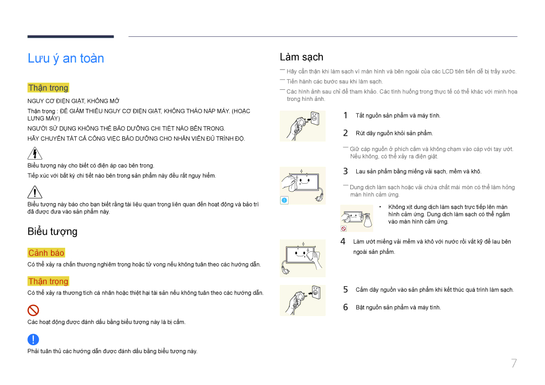 Samsung LH22DBDPTGC/XY manual Lưu ý an toàn, Biểu tượng, Làm sạch, Thận trọng 