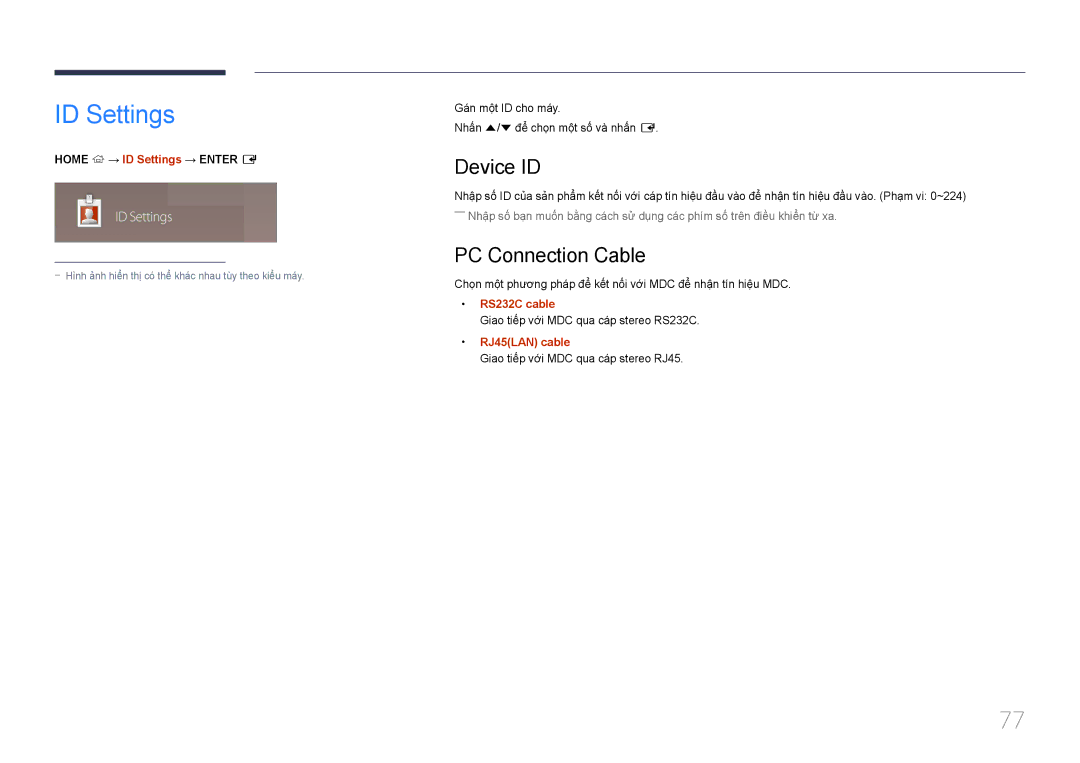 Samsung LH22DBDPTGC/XY manual ID Settings, Device ID, PC Connection Cable 