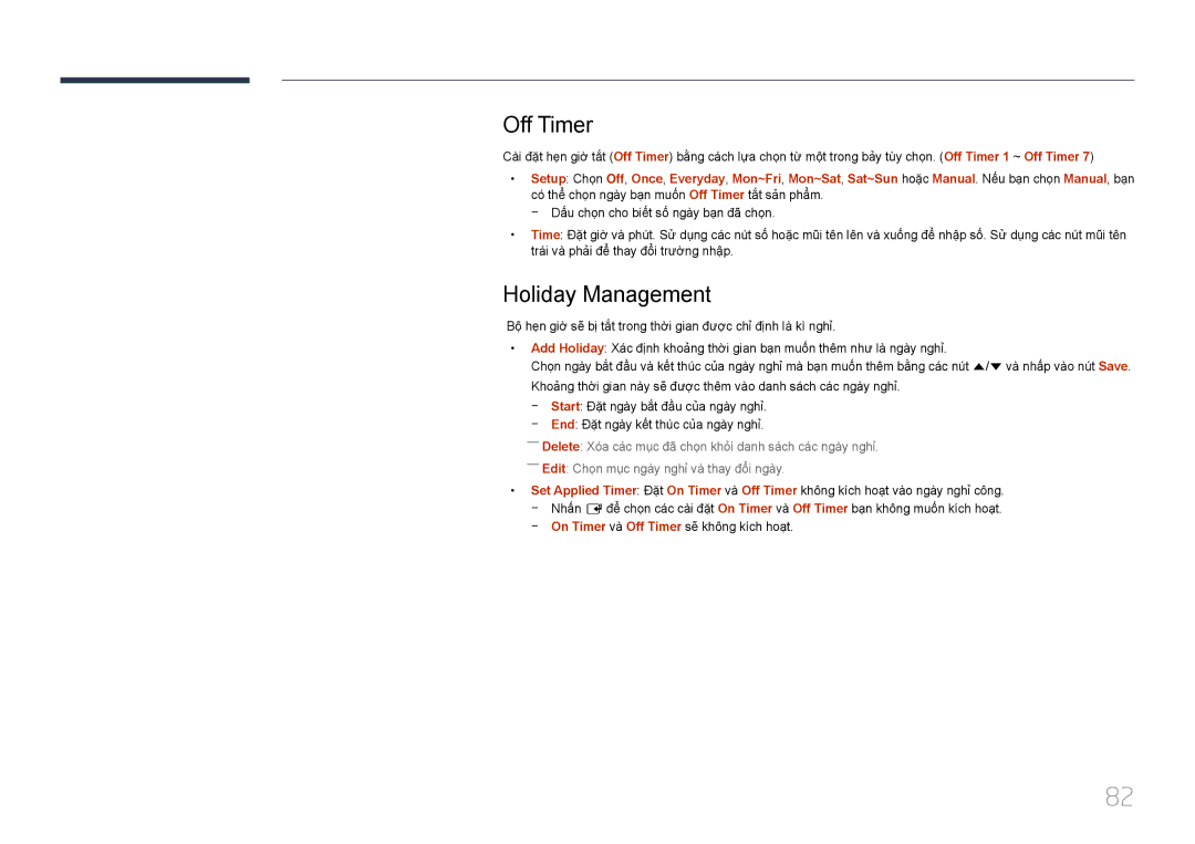 Samsung LH22DBDPTGC/XY manual Off Timer, Holiday Management 