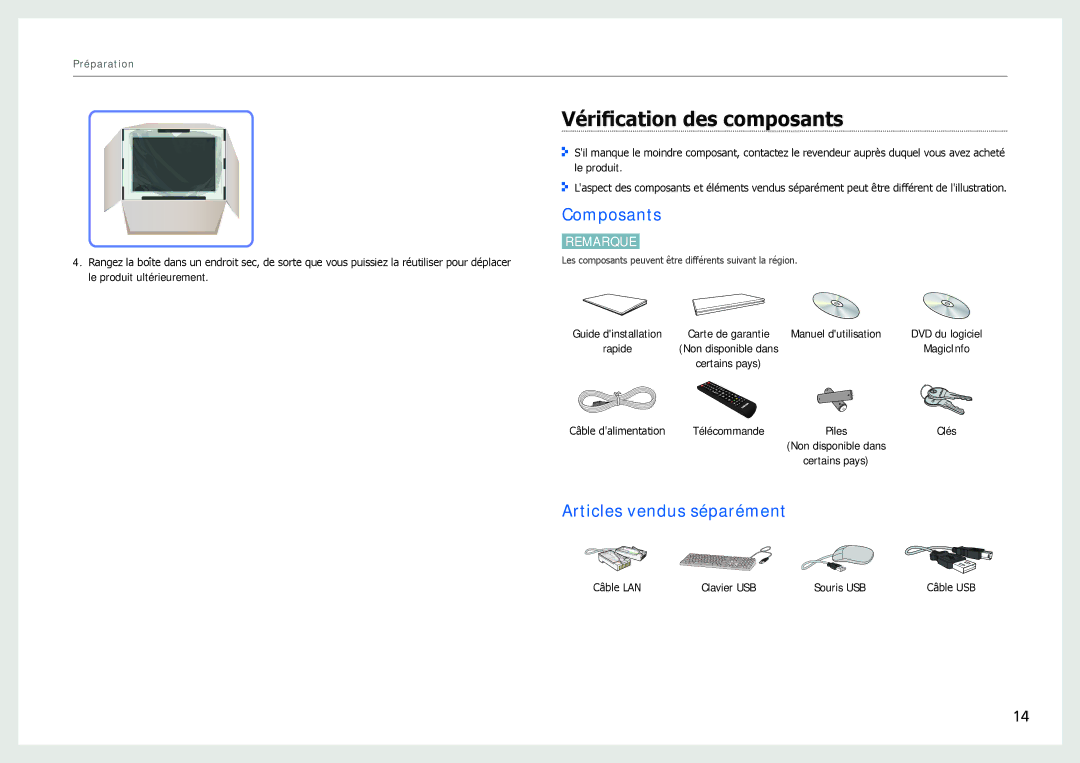 Samsung LH22NLBVLVC/EN manual Vérification des composants, Composants, Articles vendus séparément 