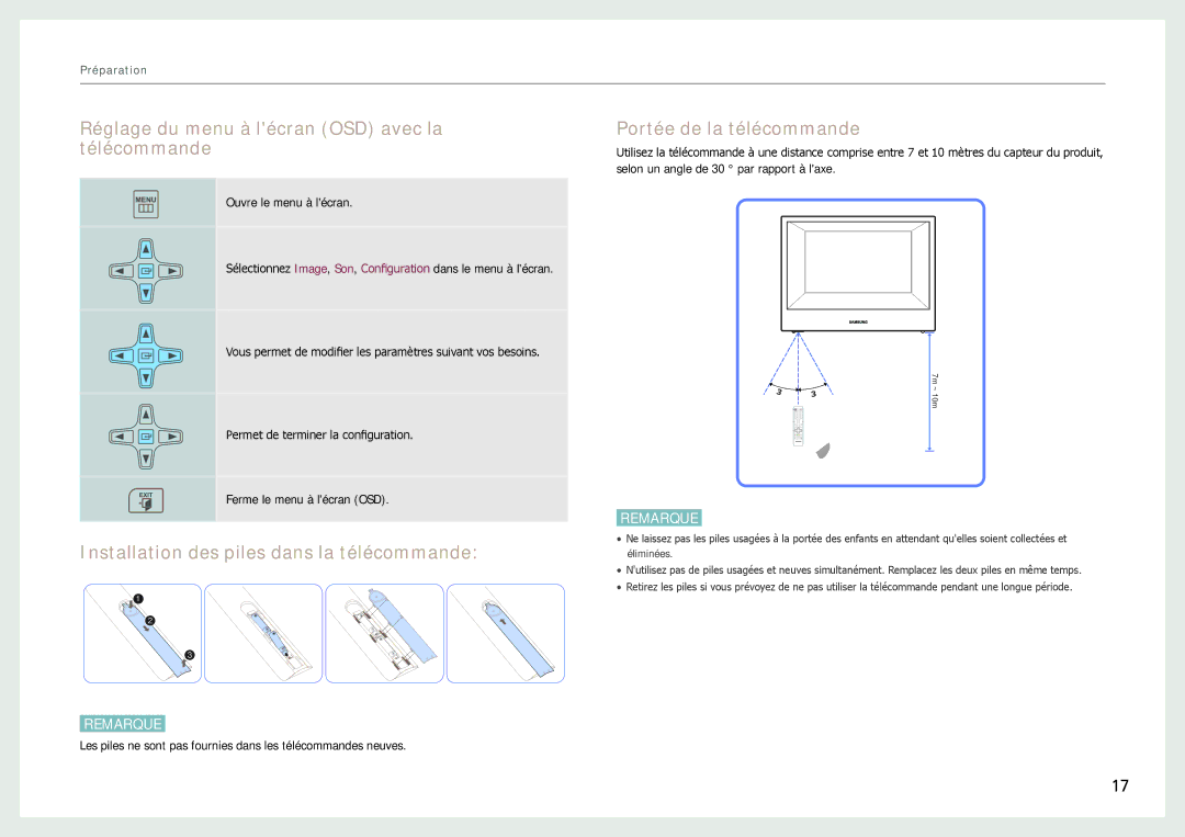 Samsung LH22NLBVLVC/EN Réglage du menu à lécran OSD avec la télécommande, Installation des piles dans la télécommande 