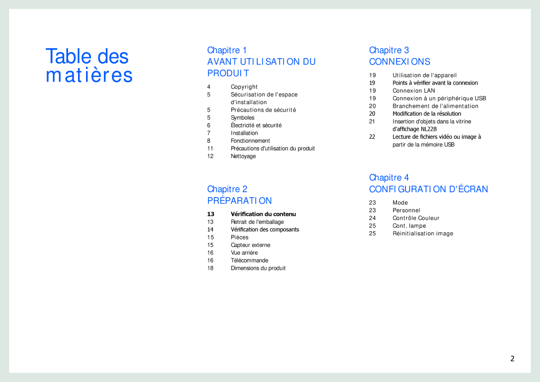 Samsung LH22NLBVLVC/EN manual Table des matières 