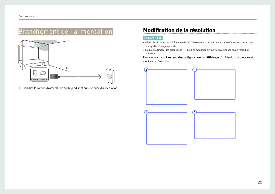 Samsung LH22NLBVLVC/EN manual Branchement de lalimentation, Modification de la résolution 